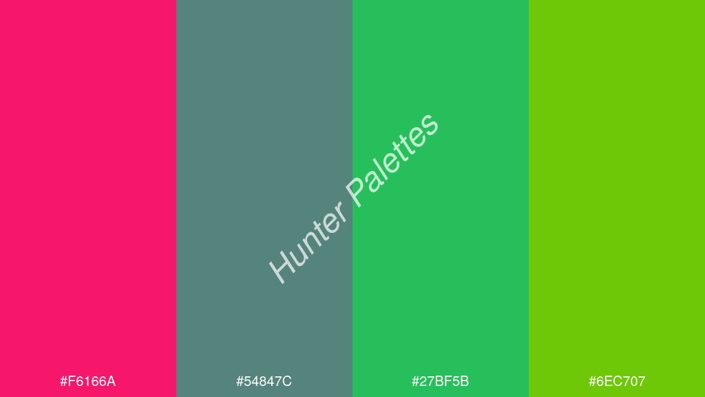 akvamarinzöld szín palettája a következőkkel: #f6166a #54847c #27bf5b #6ec707