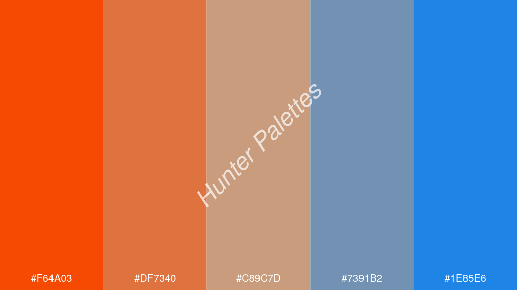 terracotta szín palettája a következőkkel: #f64a03 #df7340 #c89c7d #7391b2 #1e85e6