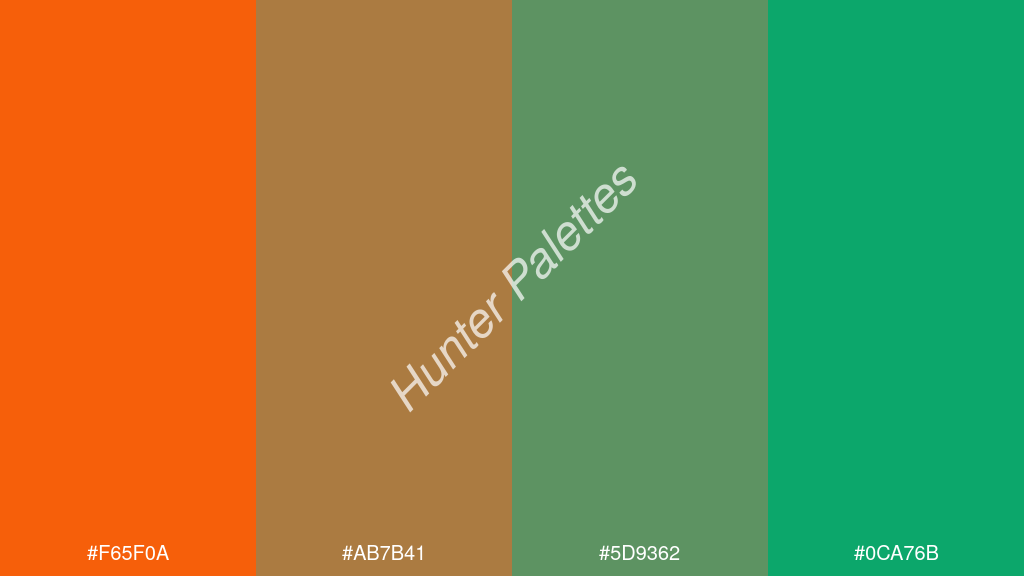 olívazöld szín palettája a következőkkel: #f65f0a #ab7b41 #5d9362 #0ca76b