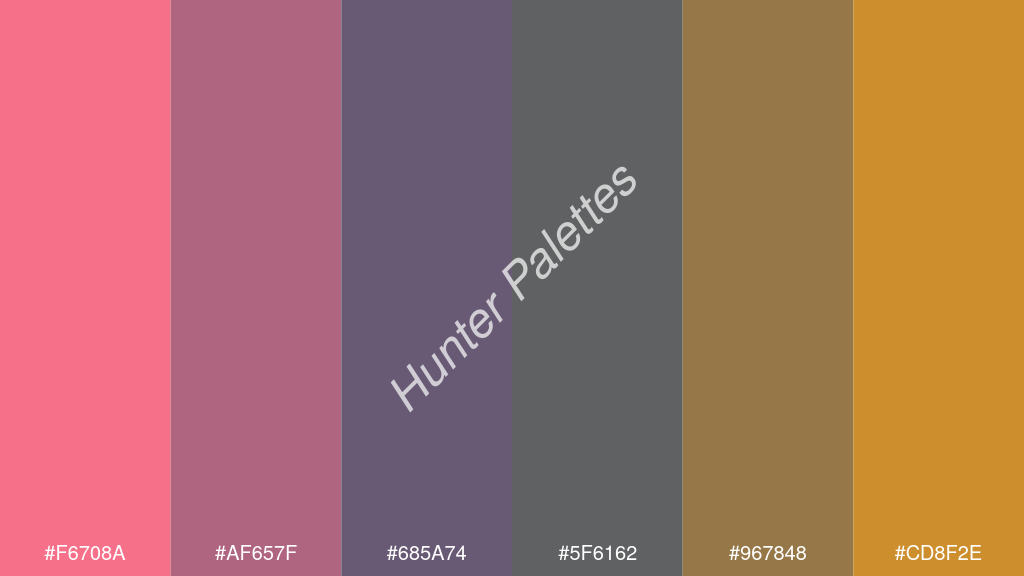 kékes szürke szín palettája a következőkkel: #f6708a #af657f #685a74 #5f6162 #967848 #cd8f2e