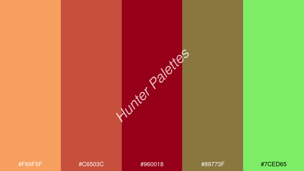 karmazsin szín palettája a következőkkel: #f69f5f #c6503c #960018 #89773f #7ced65