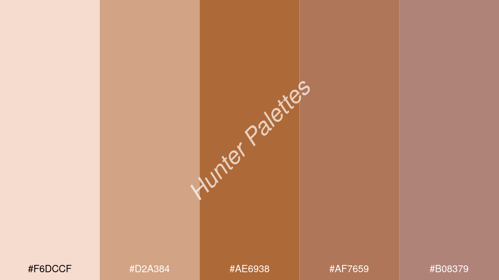 karamell szín palettája a következőkkel: #f6dccf #d2a384 #ae6938 #af7659 #b08379