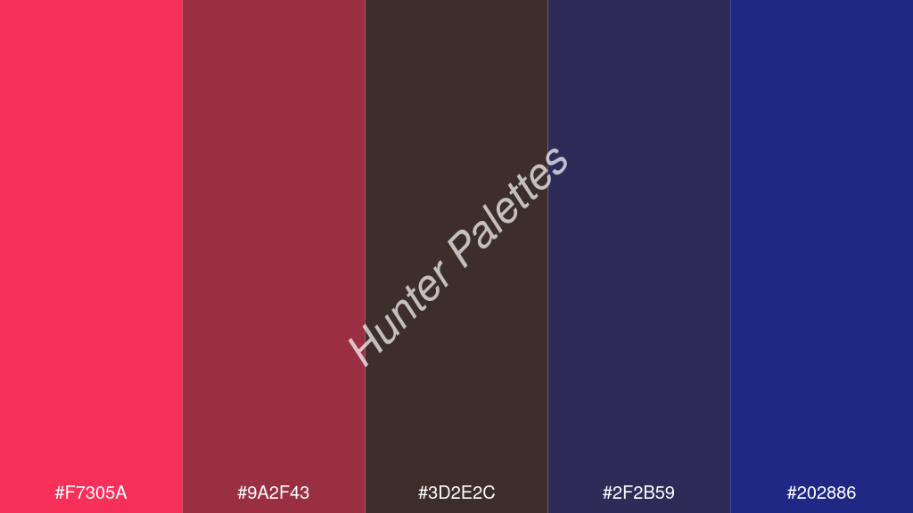 wenge szín palettája a következőkkel: #f7305a #9a2f43 #3d2e2c #2f2b59 #202886