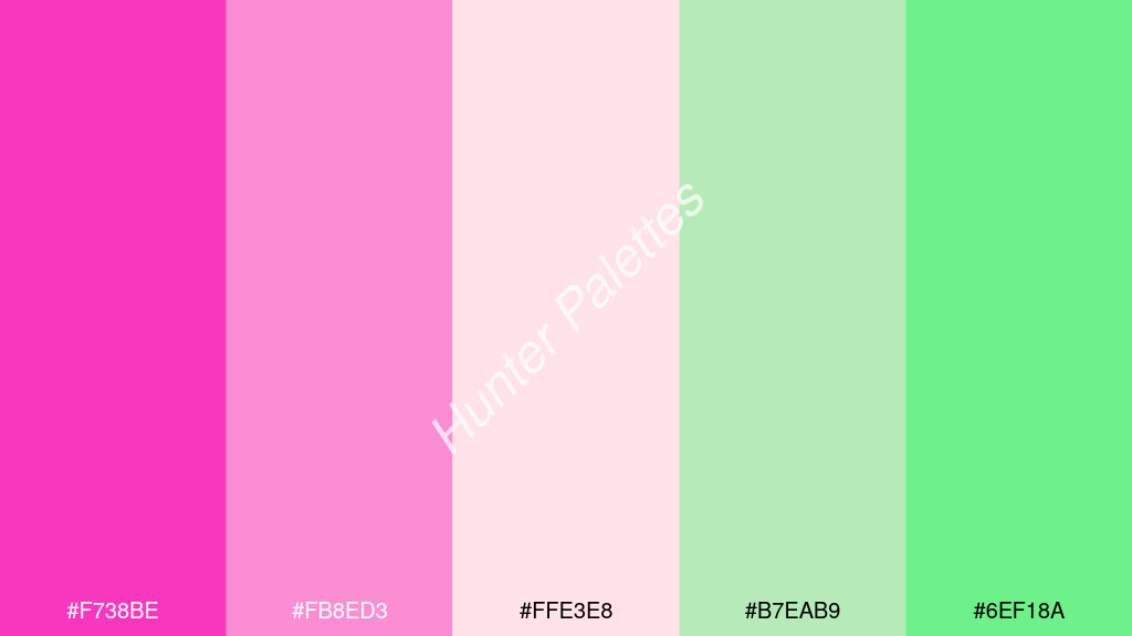 halvány rózsaszín szín palettája a következőkkel: #f738be #fb8ed3 #ffe3e8 #b7eab9 #6ef18a