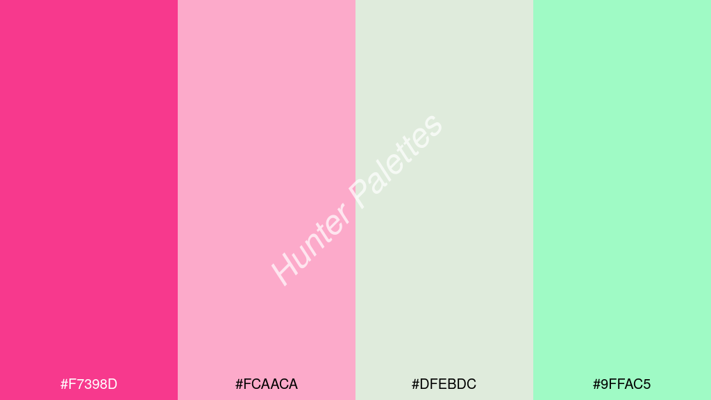 halvány rózsaszín szín palettája a következőkkel: #f7398d #fcaaca #dfebdc #9ffac5