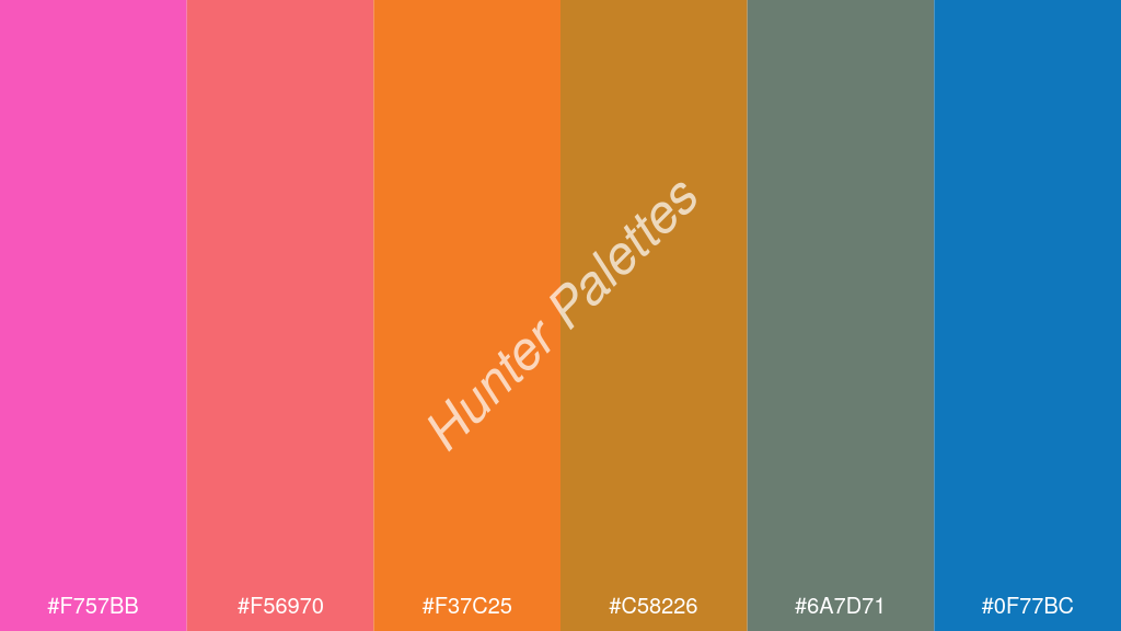 mandarin szín palettája a következőkkel: #f757bb #f56970 #f37c25 #c58226 #6a7d71 #0f77bc