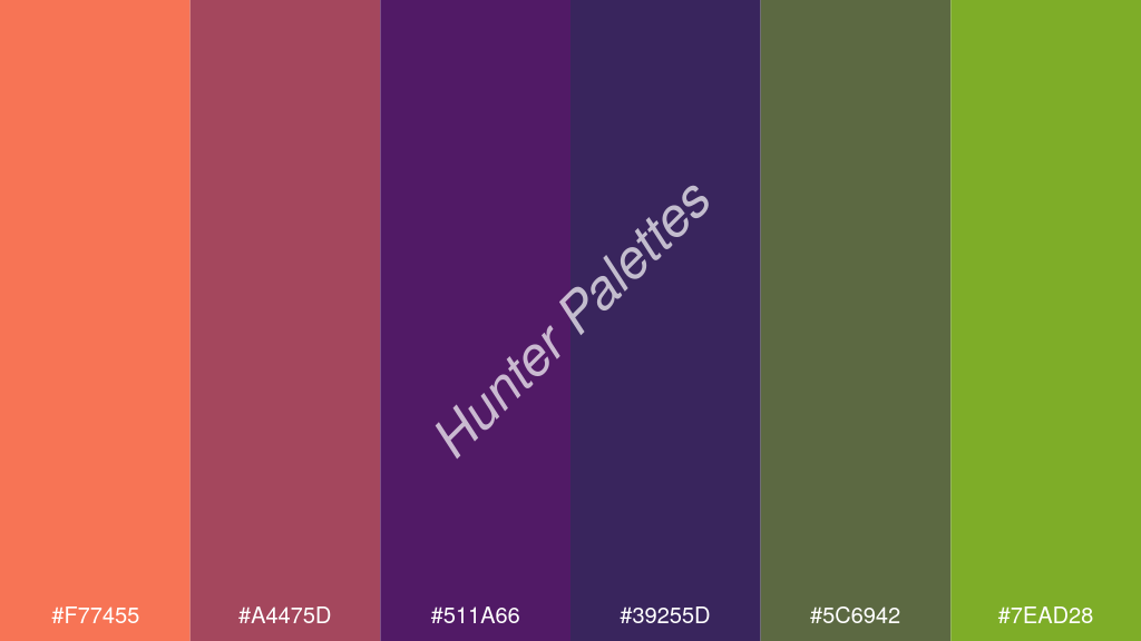 Francia kék szín palettája a következőkkel: #f77455 #a4475d #511a66 #39255d #5c6942 #7ead28