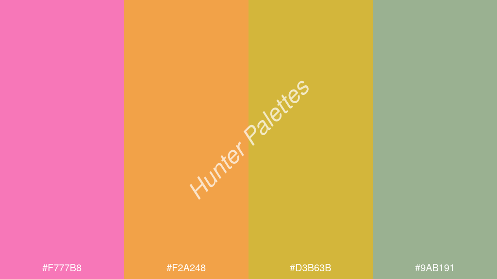 arany szín palettája a következőkkel: #f777b8 #f2a248 #d3b63b #9ab191
