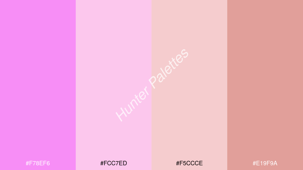 halvány rózsaszín szín palettája a következőkkel: #f78ef6 #fcc7ed #f5ccce #e19f9a