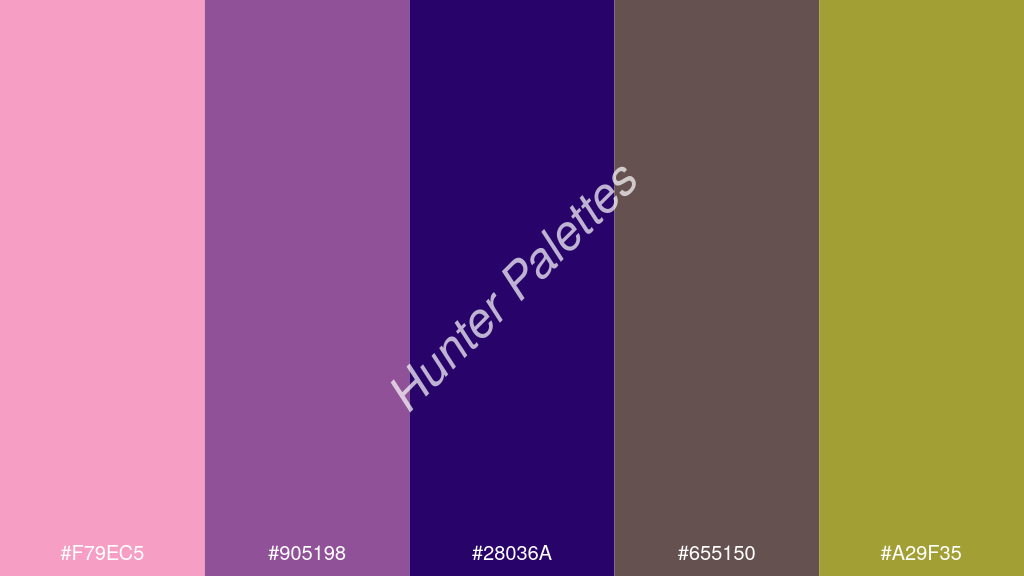 Francia kék szín palettája a következőkkel: #f79ec5 #905198 #28036a #655150 #a29f35