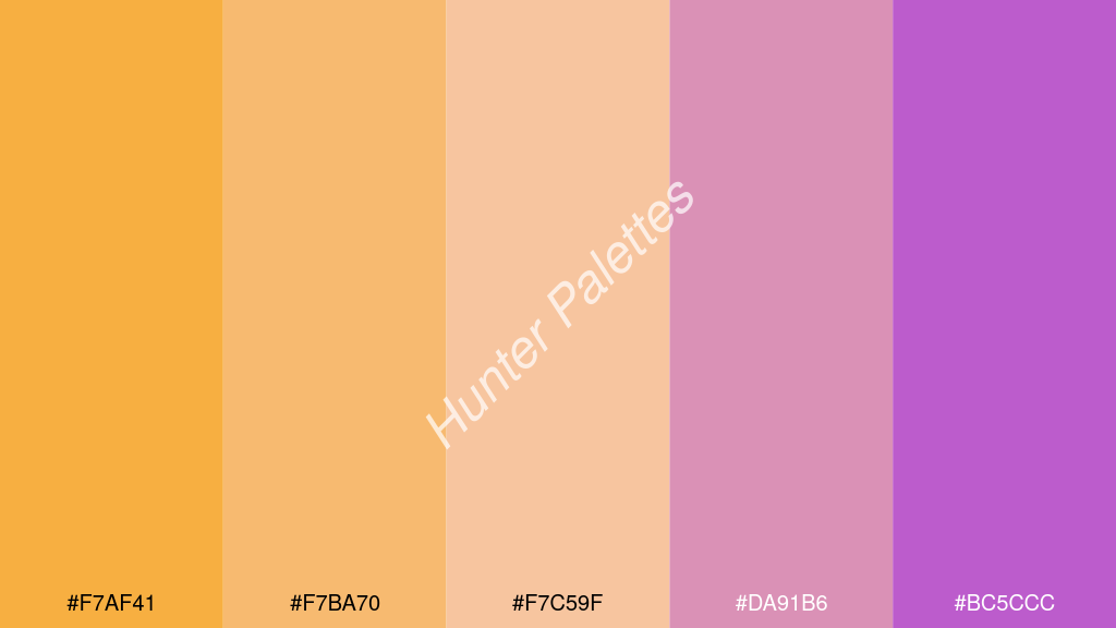 őszibarack szín palettája a következőkkel: #f7af41 #f7ba70 #f7c59f #da91b6 #bc5ccc