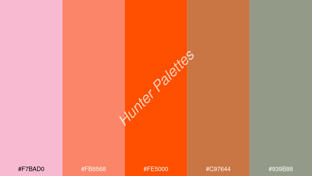 Pantone narancs szín palettája a következőkkel: #f7bad0 #fb8568 #fe5000 #c97644 #939b88