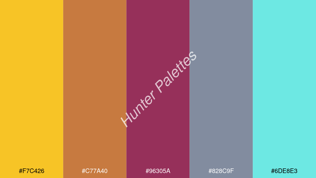 bordó szín palettája a következőkkel: #f7c426 #c77a40 #96305a #828c9f #6de8e3