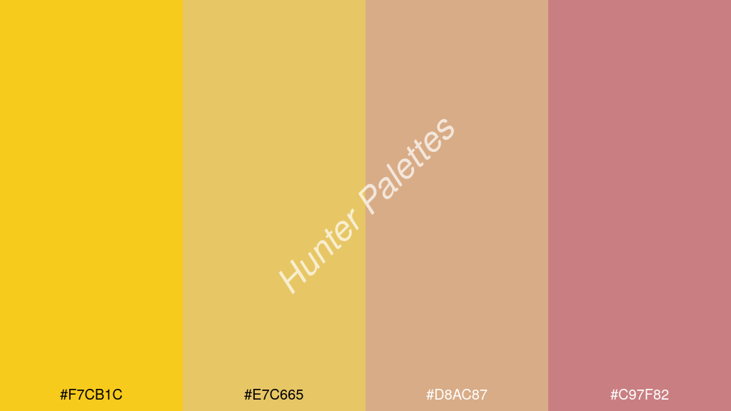 khaki szín palettája a következőkkel: #f7cb1c #e7c665 #d8ac87 #c97f82