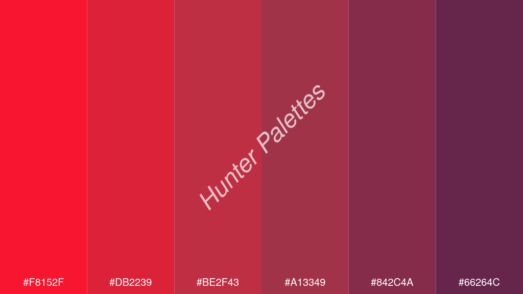gránát szín palettája a következőkkel: #f8152f #db2239 #be2f43 #a13349 #842c4a #66264c