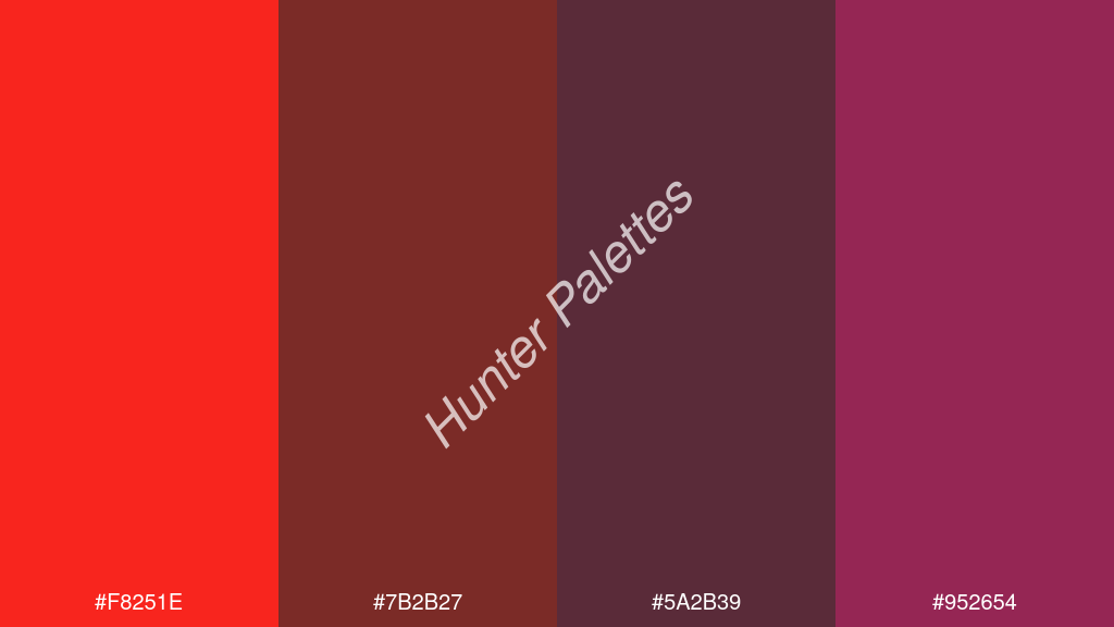 wenge szín palettája a következőkkel: #f8251e #7b2b27 #5a2b39 #952654