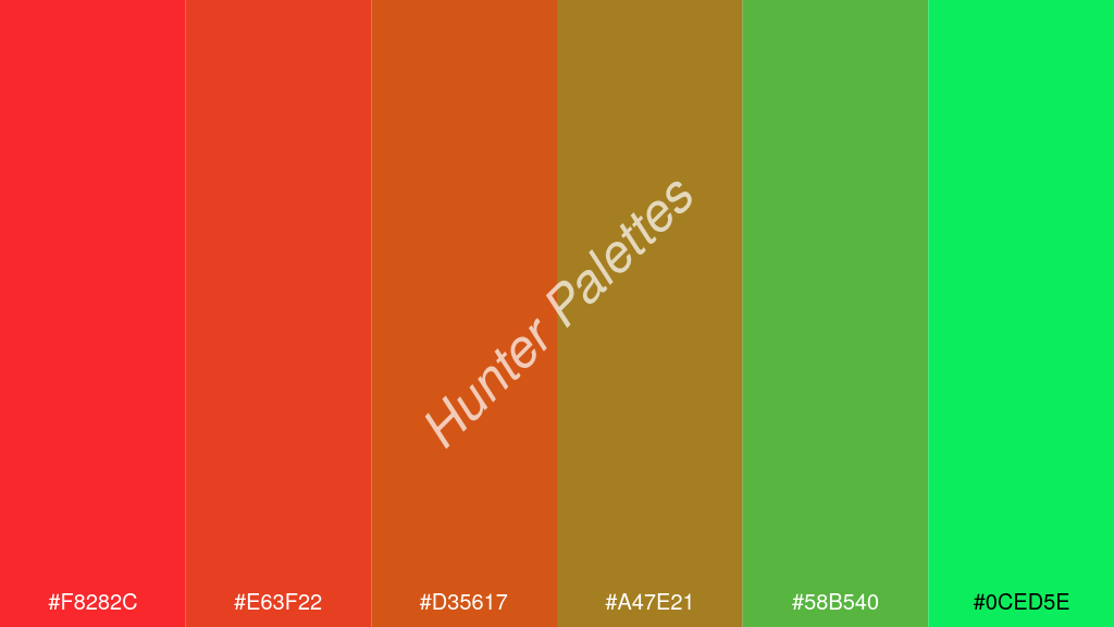 sötét narancs szín palettája a következőkkel: #f8282c #e63f22 #d35617 #a47e21 #58b540 #0ced5e