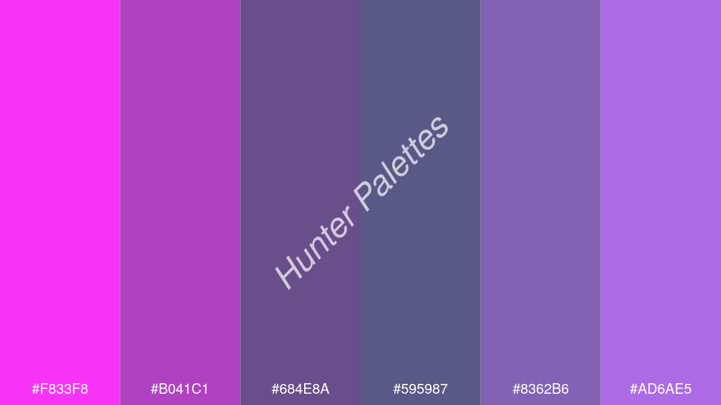 kékes szürke szín palettája a következőkkel: #f833f8 #b041c1 #684e8a #595987 #8362b6 #ad6ae5