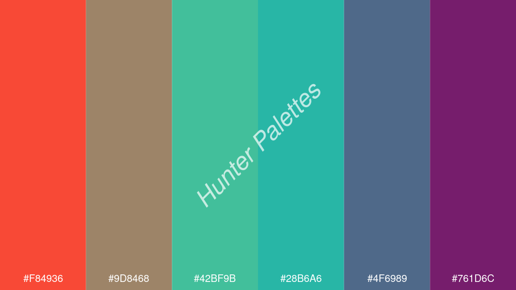 karibi zöld szín palettája a következőkkel: #f84936 #9d8468 #42bf9b #28b6a6 #4f6989 #761d6c