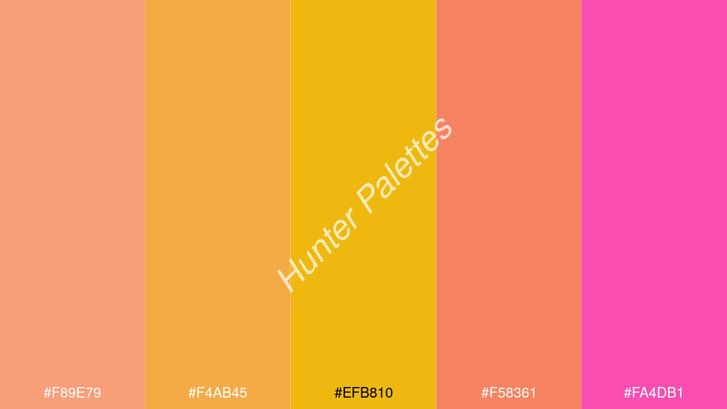 arany szín palettája a következőkkel: #f89e79 #f4ab45 #efb810 #f58361 #fa4db1