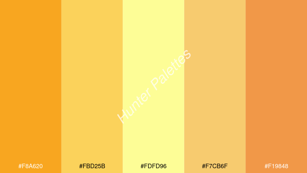 pasztell sárga szín palettája a következőkkel: #f8a620 #fbd25b #fdfd96 #f7cb6f #f19848