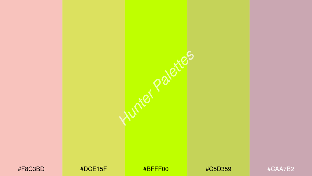 limezöld szín palettája a következőkkel: #f8c3bd #dce15f #bfff00 #c5d359 #caa7b2