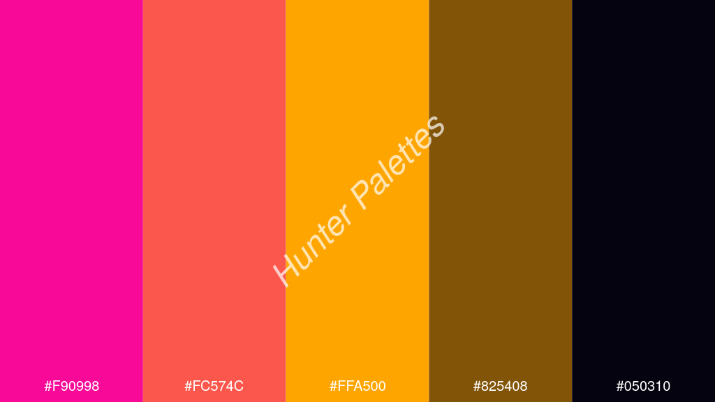 narancssárga szín palettája a következőkkel: #f90998 #fc574c #ffa500 #825408 #050310