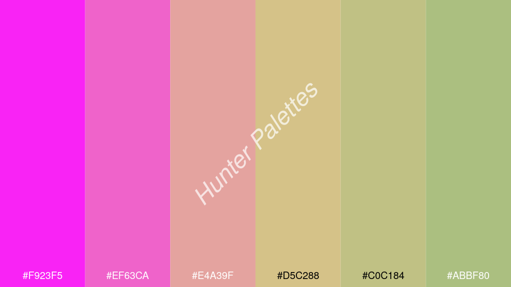 khaki szín palettája a következőkkel: #f923f5 #ef63ca #e4a39f #d5c288 #c0c184 #abbf80
