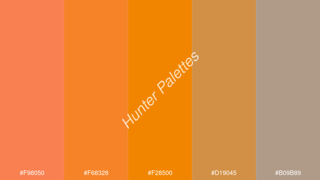 mandarin szín palettája a következőkkel: #f98050 #f68328 #f28500 #d19045 #b09b89