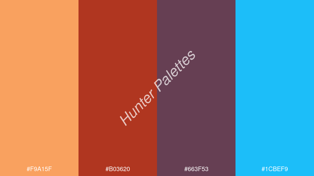 sötétvörös szín palettája a következőkkel: #f9a15f #b03620 #663f53 #1cbef9