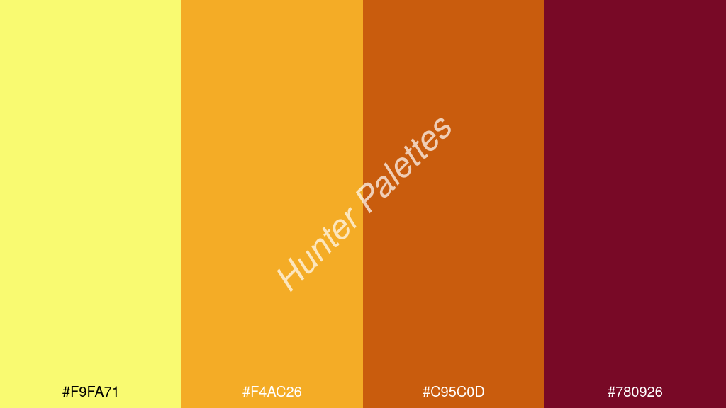 mandarin szín palettája a következőkkel: #f9fa71 #f4ac26 #c95c0d #780926