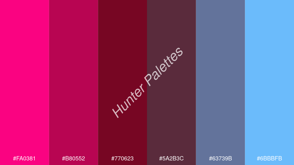 bor szín palettája a következőkkel: #fa0381 #b80552 #770623 #5a2b3c #63739b #6bbbfb