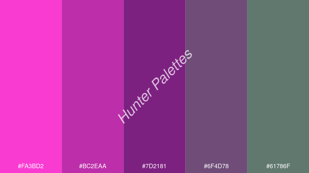 lila szín palettája a következőkkel: #fa3bd2 #bc2eaa #7d2181 #6f4d78 #61786f