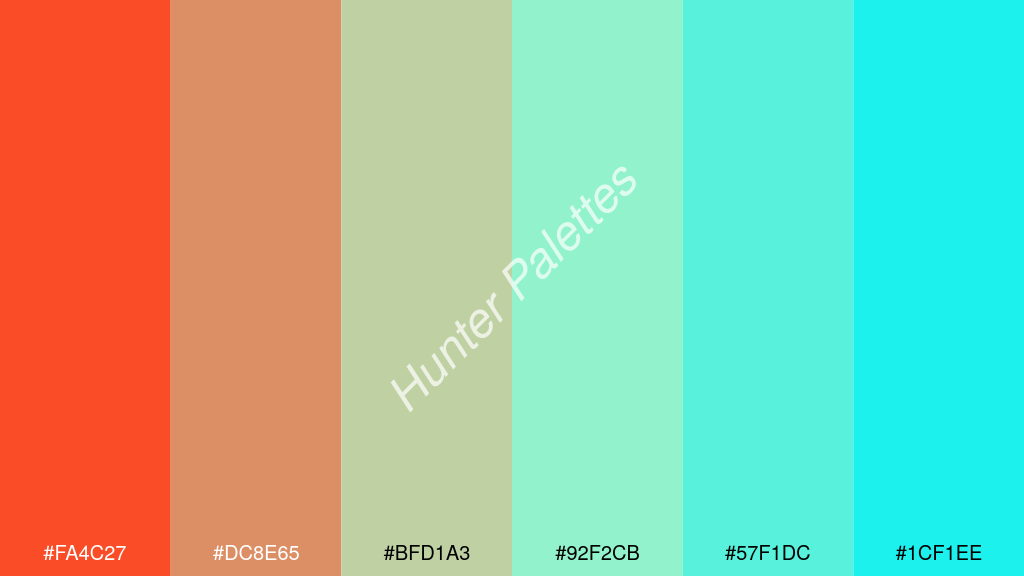 pasztellzöld szín palettája a következőkkel: #fa4c27 #dc8e65 #bfd1a3 #92f2cb #57f1dc #1cf1ee