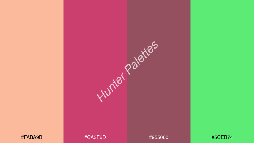 élénk rózsaszín szín palettája a következőkkel: #faba9b #ca3f6d #955060 #5ceb74