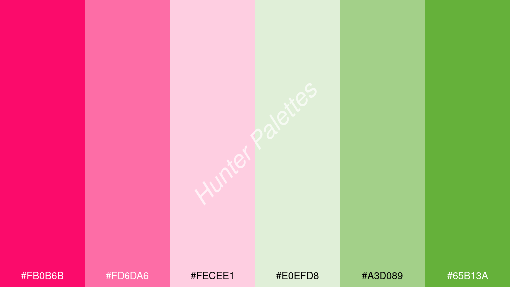 fehér szín palettája a következőkkel: #fb0b6b #fd6da6 #fecee1 #e0efd8 #a3d089 #65b13a