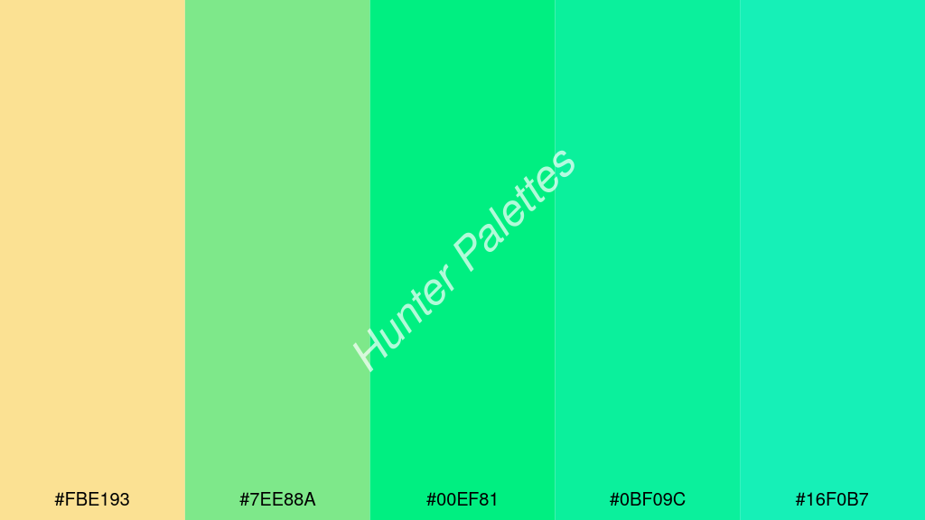 foszforeszkáló zöld szín palettája a következőkkel: #fbe193 #7ee88a #00ef81 #0bf09c #16f0b7