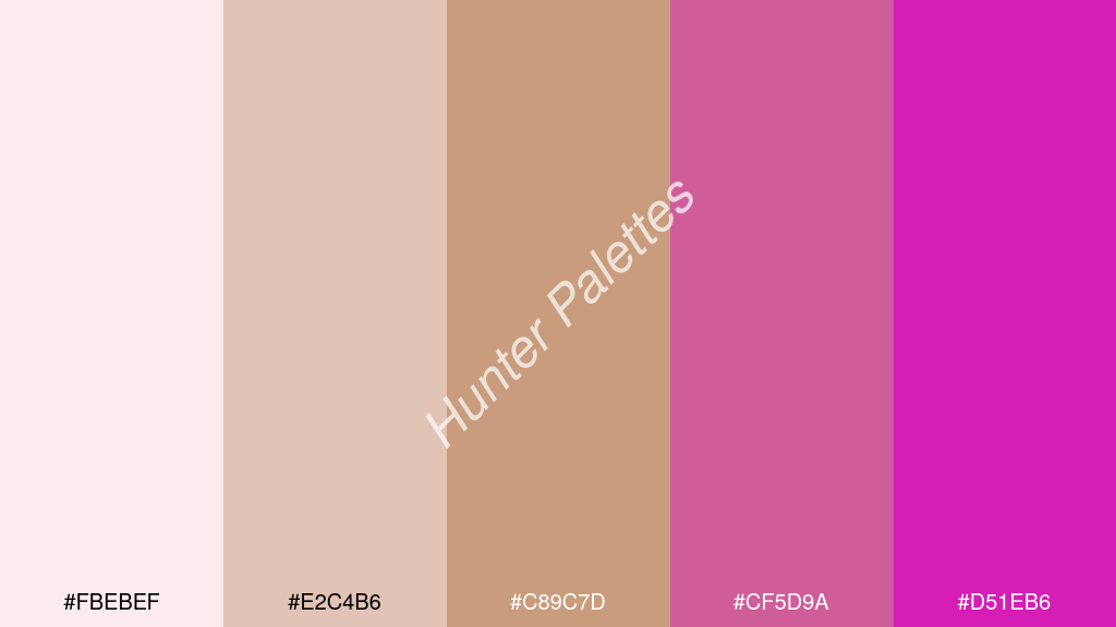 terracotta szín palettája a következőkkel: #fbebef #e2c4b6 #c89c7d #cf5d9a #d51eb6
