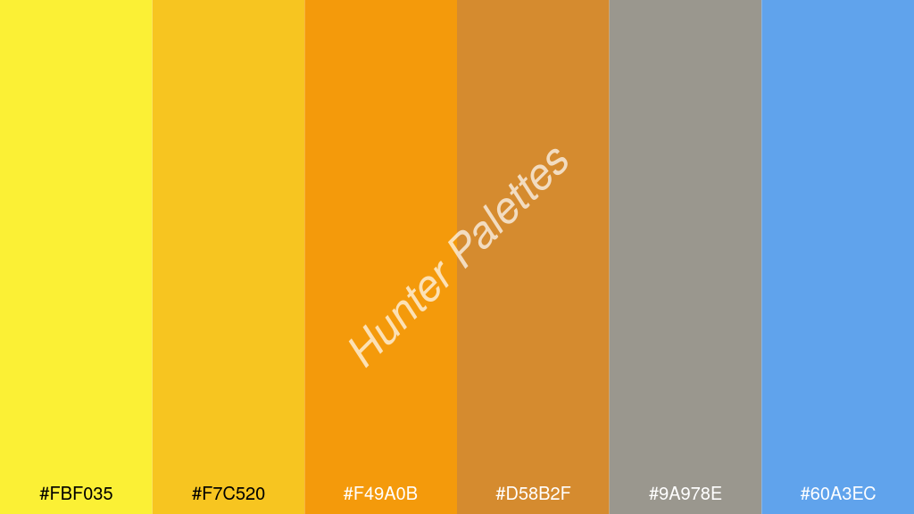 mandarin szín palettája a következőkkel: #fbf035 #f7c520 #f49a0b #d58b2f #9a978e #60a3ec