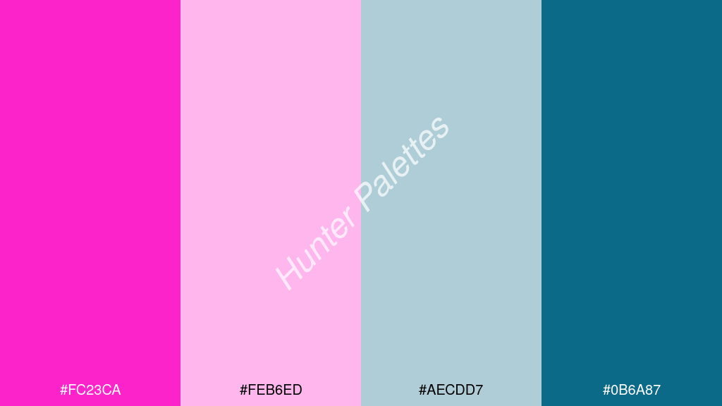 fehér szín palettája a következőkkel: #fc23ca #feb6ed #aecdd7 #0b6a87