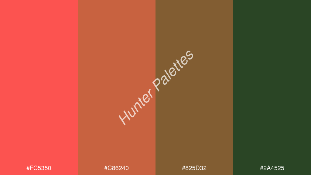 karamell szín palettája a következőkkel: #fc5350 #c86240 #825d32 #2a4525