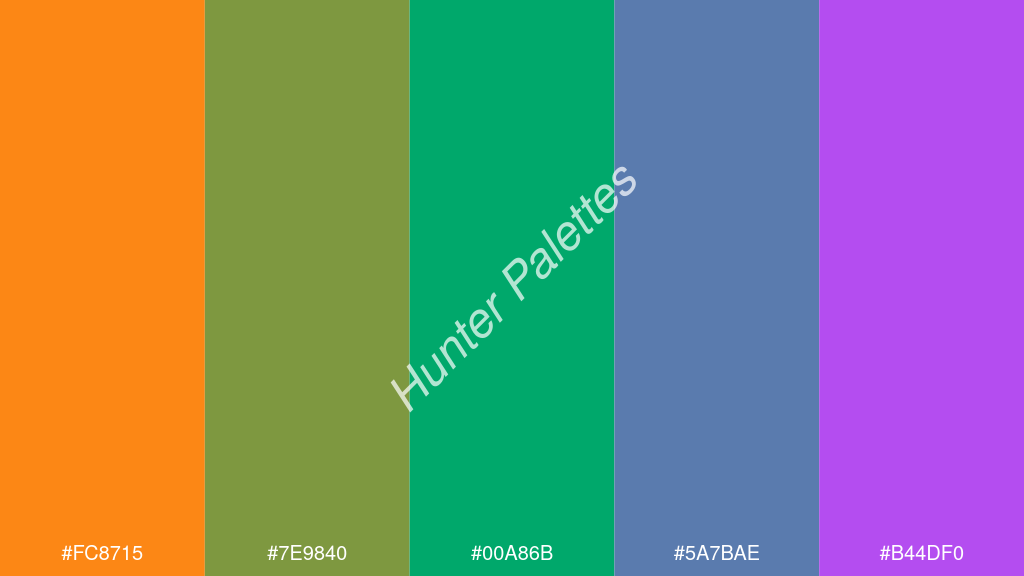 jáde szín palettája a következőkkel: #fc8715 #7e9840 #00a86b #5a7bae #b44df0