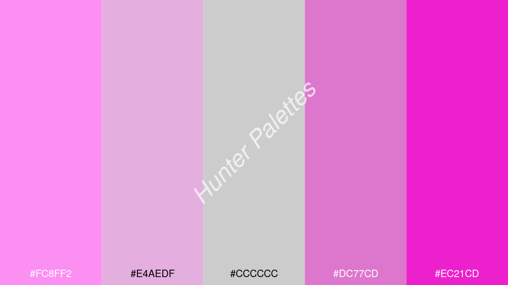 cccccc szín palettája a következőkkel: #fc8ff2 #e4aedf #cccccc #dc77cd #ec21cd