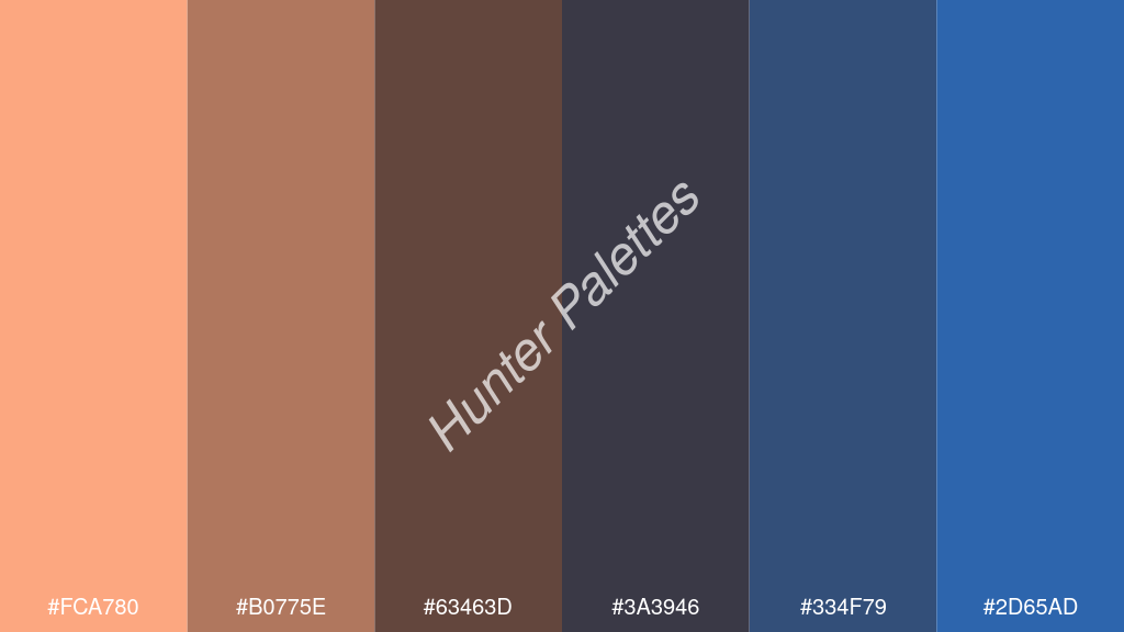 wenge szín palettája a következőkkel: #fca780 #b0775e #63463d #3a3946 #334f79 #2d65ad