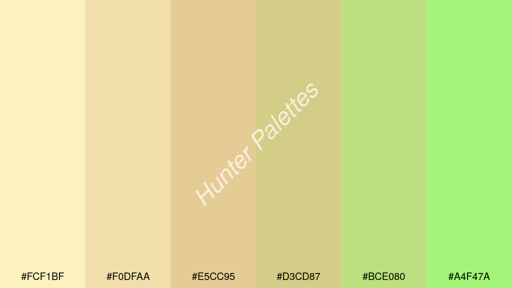khaki szín palettája a következőkkel: #fcf1bf #f0dfaa #e5cc95 #d3cd87 #bce080 #a4f47a