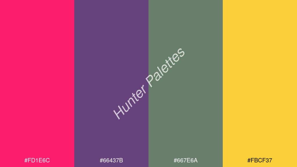 Capri kék szín palettája a következőkkel: #fd1e6c #66437b #667e6a #fbcf37