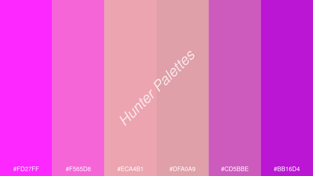 bézs szín palettája a következőkkel: #fd27ff #f565d8 #eca4b1 #dfa0a9 #cd5bbe #bb16d4