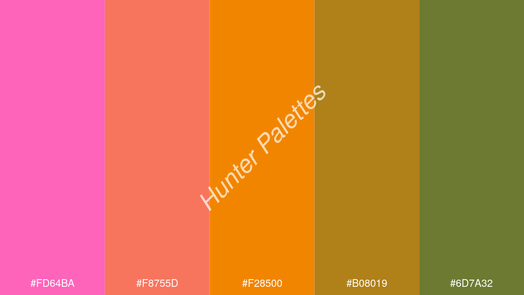 mandarin szín palettája a következőkkel: #fd64ba #f8755d #f28500 #b08019 #6d7a32