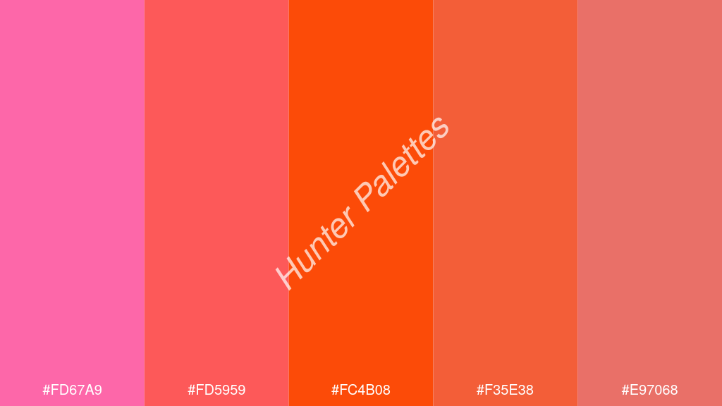 fluoreszkáló narancs szín palettája a következőkkel: #fd67a9 #fd5959 #fc4b08 #f35e38 #e97068