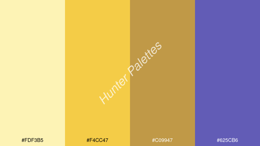 arany szín palettája a következőkkel: #fdf3b5 #f4cc47 #c09947 #625cb6